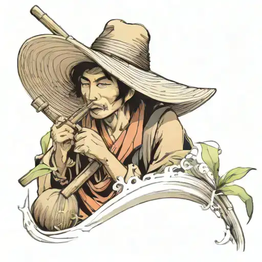 straw hat farmer playing bamboo flute siting on water buffalo tattoo design idea