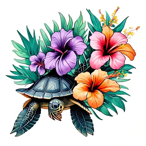 Hei Hei, Dory, Pua, turtle, pink hibiscus, violet tropical flower, orange tropical flower tattoo design idea