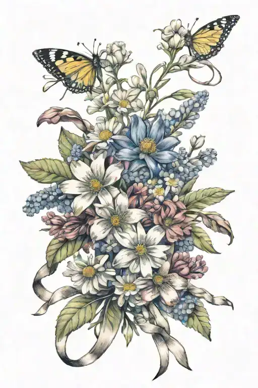 a bouquet of appalachian wild flowers tied up with ribbon tattoo design idea