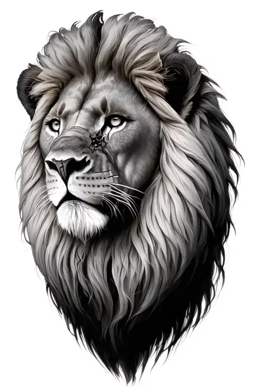 relaistic lion with a nice grown mane. 1 scar down the right eye.  tattoo design idea
