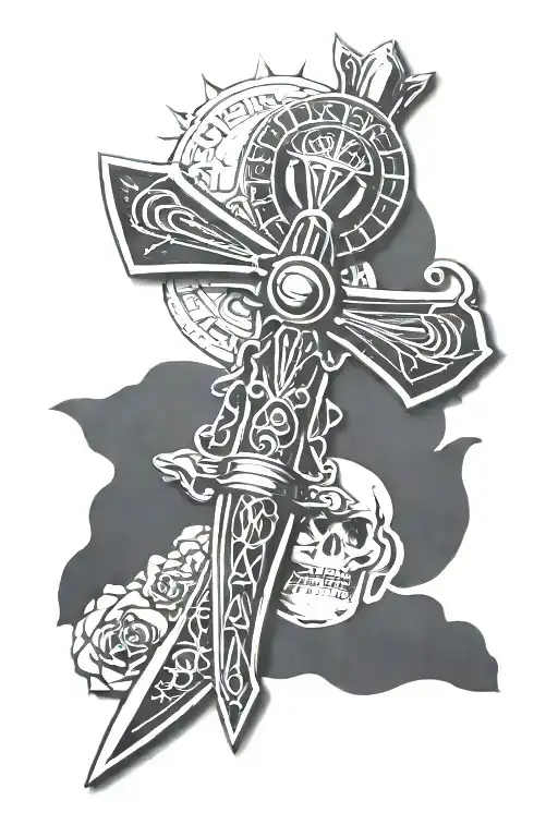 Ankh shaped dagger, egyptian scarab as the hand guard. Scale hanging from sides of the guard, moon and sun on scales tattoo design idea