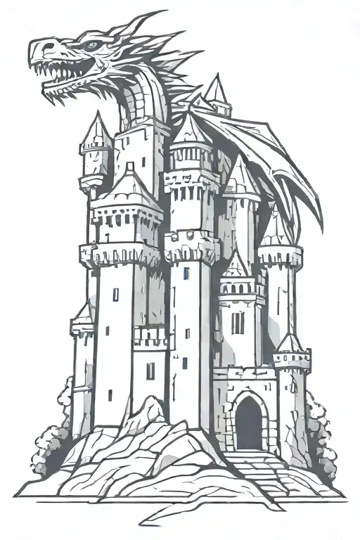 medieval castle with dragon tattoo design idea