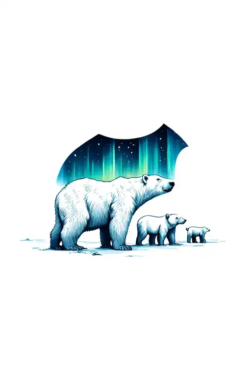 momma polar bear with 2 cubs and Northern lights background tattoo design idea