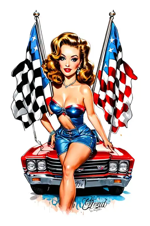 pinup girl with a chevelle front end and two checkard flags tattoo design idea