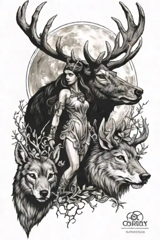 The Goddess Artemis with a moon, wolf, bear, and golden horned deer tattoo design idea