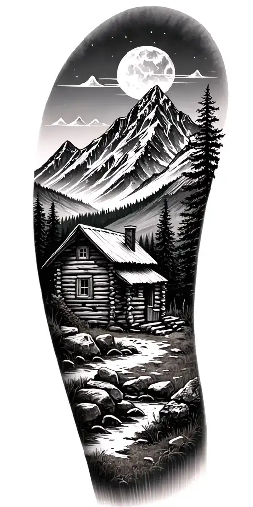 A mountain landscape incorporating a nestled log cabin tattoo design idea