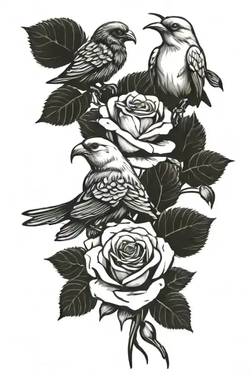 5 roses with love bird holding tattoo design idea