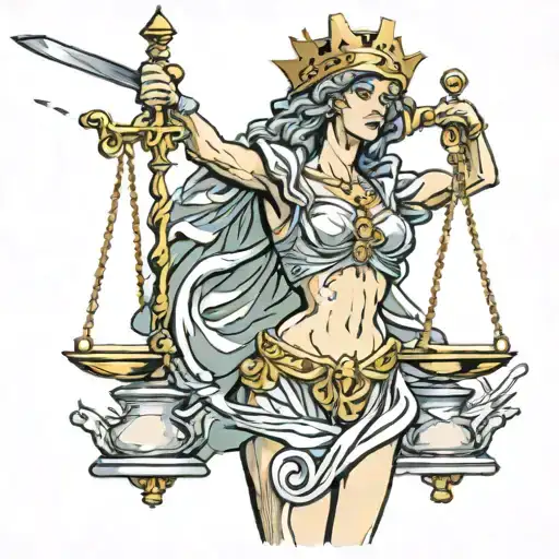 lady justice with scale and sword piercing tattoo design idea
