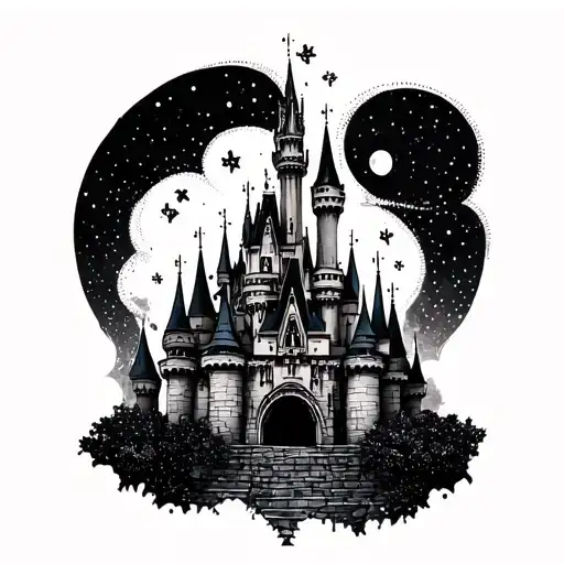 A whimsical and abstract design of the Disney Castle, with swirling patterns and dream-like elements tattoo design idea