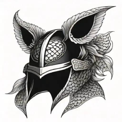 A sleek and modern interpretation of a samurai helmet adorned with dragon scales and wolf fur details tattoo design idea