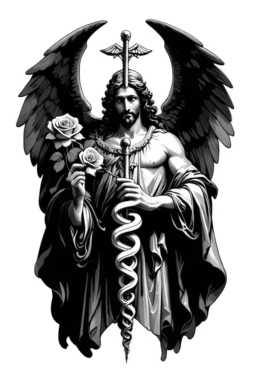 st Raphael holding a caduceus staff symbol incorporating elements roses tattoo design idea