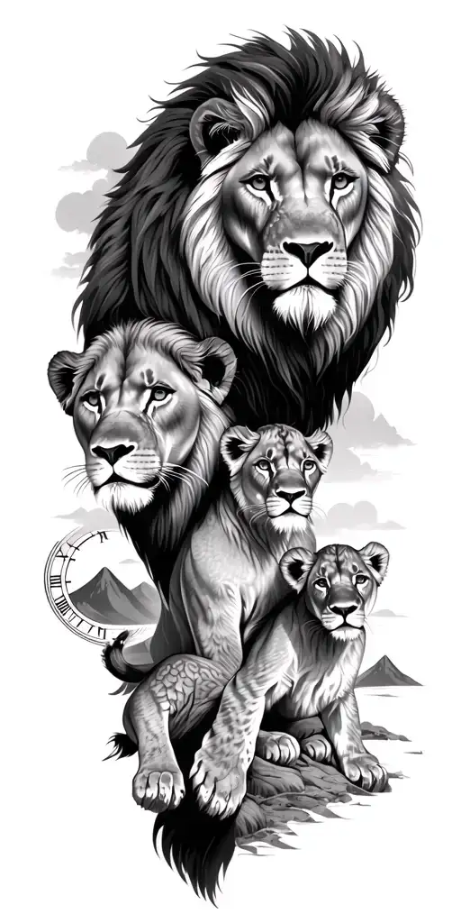 lion and lioness with cubs and mountains background with clock tattoo design idea