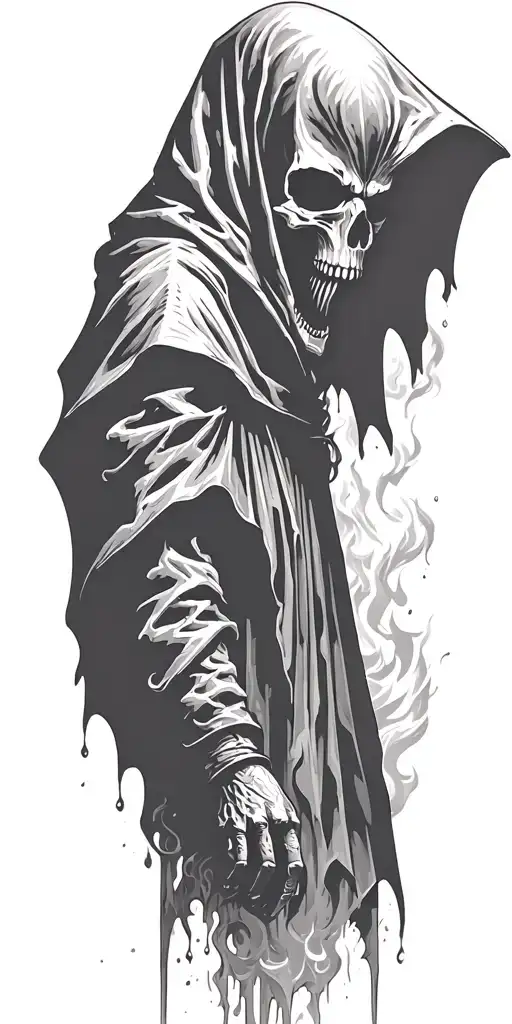 hooded reaper silohuette, smoke, fire, scary, bat wings tattoo design idea