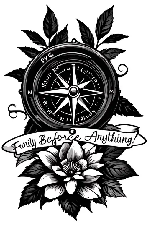 forearm tattoo of a compass and gardenia flowers with the saying family before anything  tattoo design idea