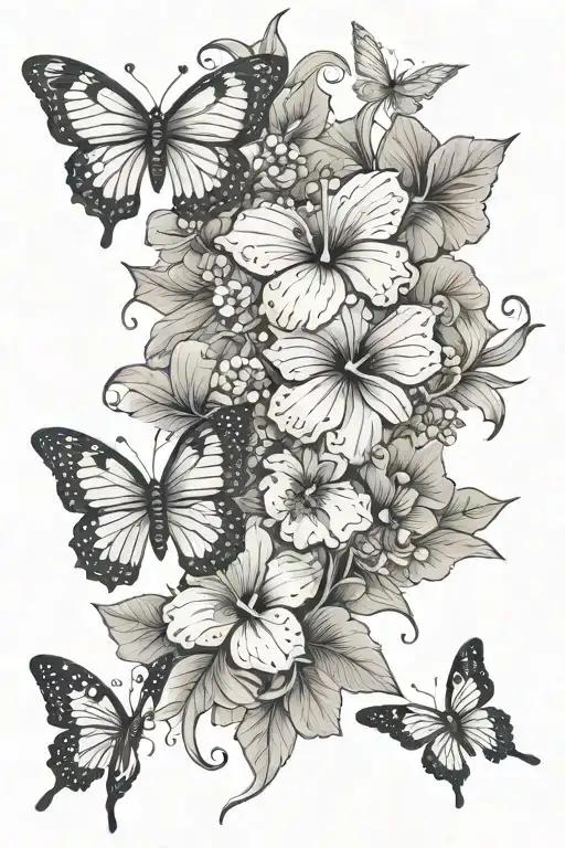 hibuscus flowers with butterflies flying tattoo design idea