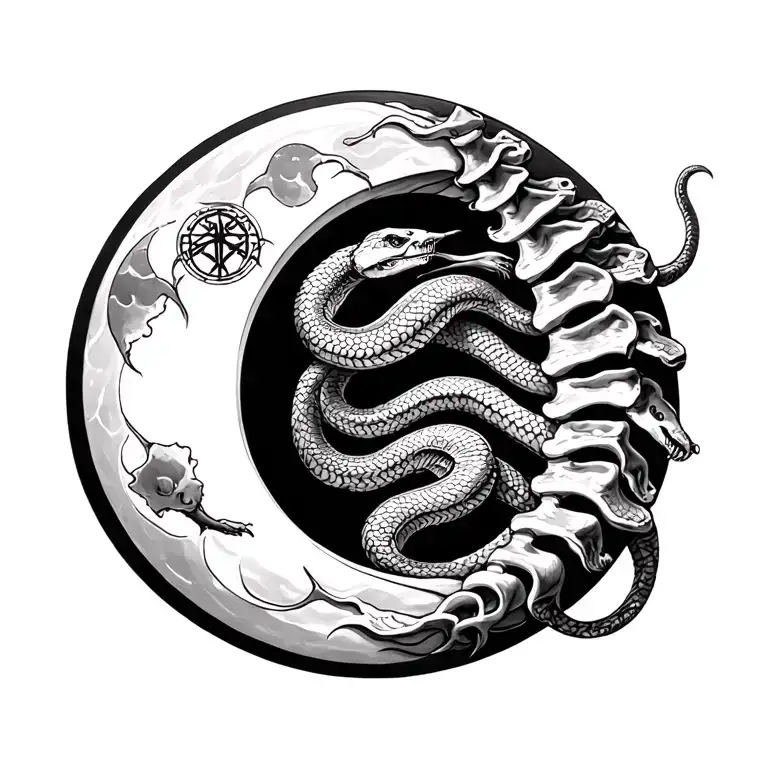 spine tattoo with snakes phases of the moon and cancer zodiac symbol tattoo design idea