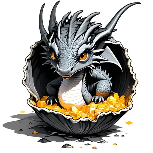 baby dragon coming out of its shell, guarding a pirate's gold tattoo design idea