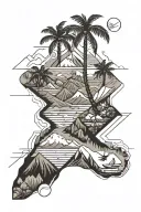 réunion Islande with palm tree, a plane the beach and mountain tattoo design idea