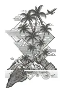 réunion Islande with palm tree, a plane the beach and mountain tattoo design idea