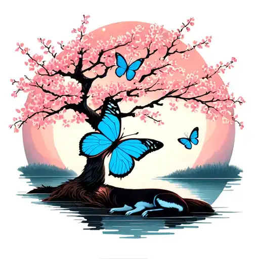 Cherry blossom tree with 3 blue butterflies on it. A wolf laying under the tree. The backdrop is a moon over a lake. tattoo design idea