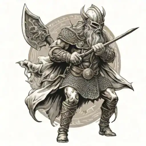 a viking with a spear defeating a human with the spear trough the skull  tattoo design idea
