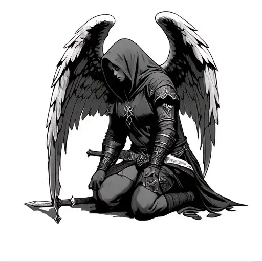 hooded angel warrior with wings kneeling on 1 knee with sword facing down tattoo design idea