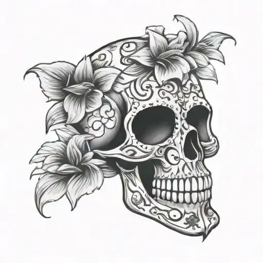 Sugar Skull with Lilly flower tattoo design idea