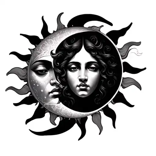 alternative vintage sun and moon faces tattoo Greek inspired realistic  tattoo design idea