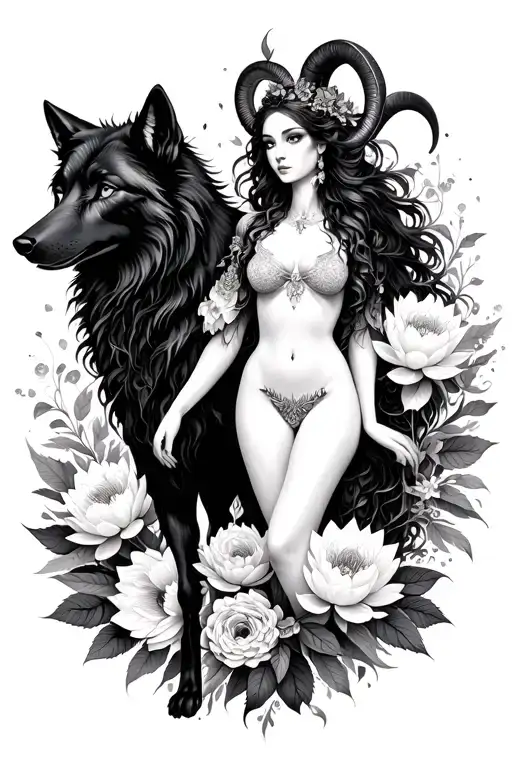 Aries sexy goddess surrounded by poeny and lotus flowers and black wolf  tattoo design idea