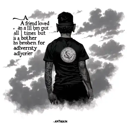 "Antwain "  a cloudy sky backdrop with a saying of A friend loved at all times but a brother is born for adversity and  tattoo design idea