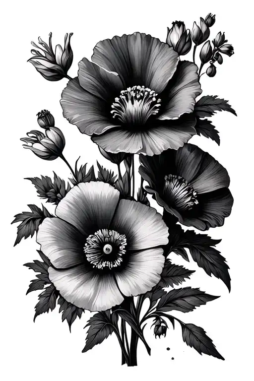 sweetpea flower, larkspur flower and asker flower minimalist bouquet tattoo design idea