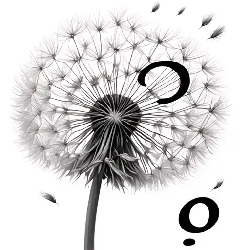 Delicate dandelion with seeds blowing away and one of the seeds is a semicolon (;) and one is a crotchet (♪) tattoo design idea