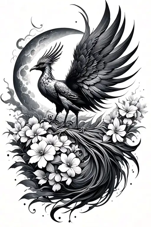 abstract phoenix with a long flowy tail flying to a smoky moon surounded by many different sized flowy jasmine flowers  tattoo design idea