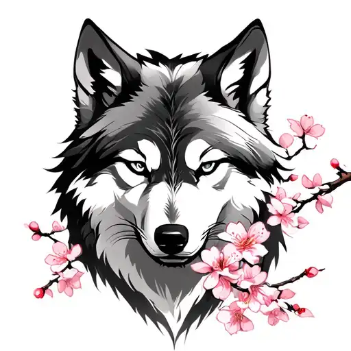 Yakuza tatoo, white wolf japanese style with some cherry blossom tattoo design idea