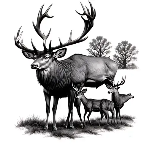 Big male red stag with a female red stag and two young male red stags tattoo design idea