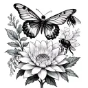 dahlia, butterfly, bee, and hyacinth flower tattoo tattoo design idea