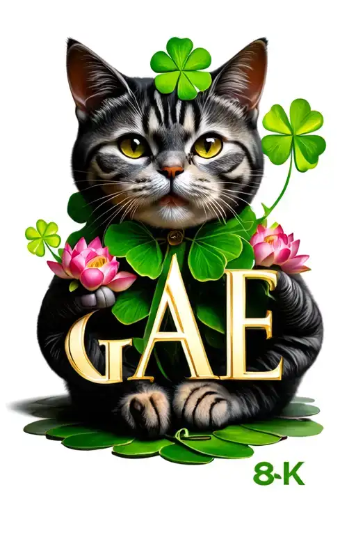 initials combined G, A, E, with lucky cat hand raised, lucky leaf clover, lotus tattoo design idea