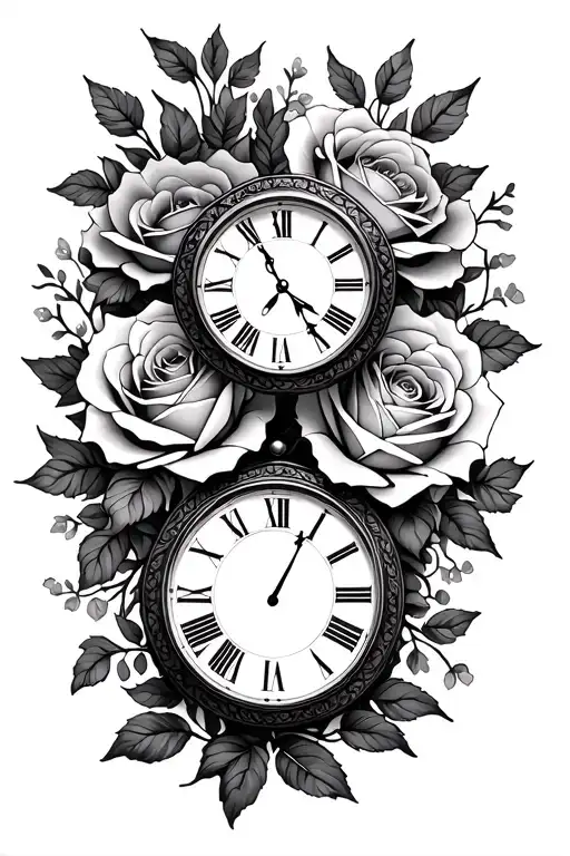 two clocks with rose and Eleanor flowers intertwined tattoo design idea