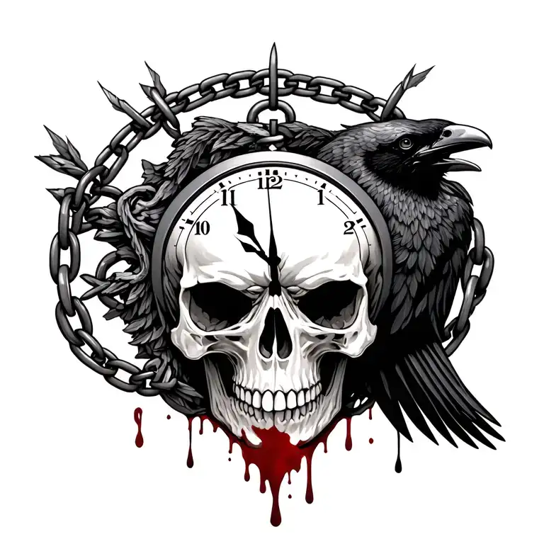 skull clock crow chain blood tattoo design idea