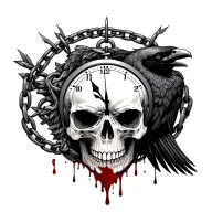 skull clock crow chain blood tattoo design idea