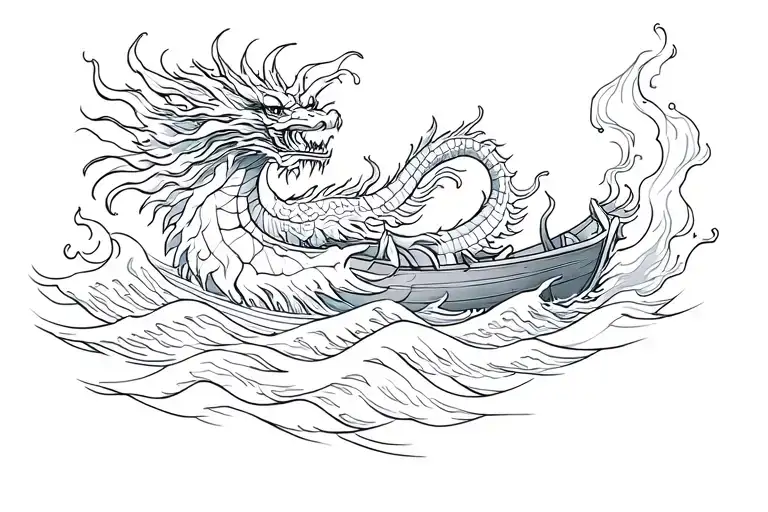 burning Dragon Boat in waves tattoo design idea