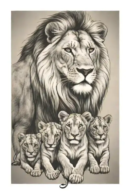 lion and lioness with 6 cubs. lioness protecting the pride. safari type background.  tattoo design idea
