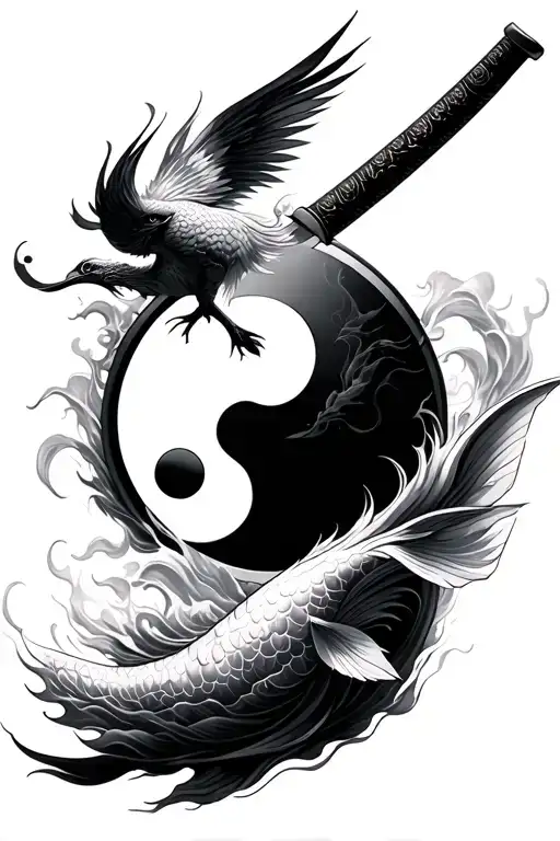Katana with Yin-Yang-Koi circle, phoenix rising from the side, elaborate waves and smoke, Realistic Black & Gray, A tattoo design idea