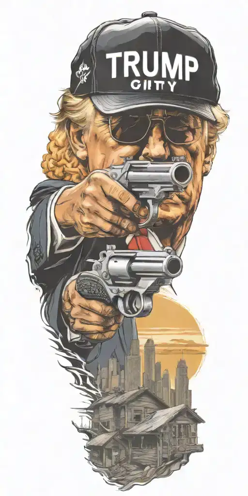 trump holding a gun city in background  tattoo design idea