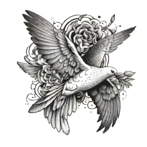 a dove with its wings spread facing the camera lense, thin ink with no shading on the wings but small shading on body tattoo design idea