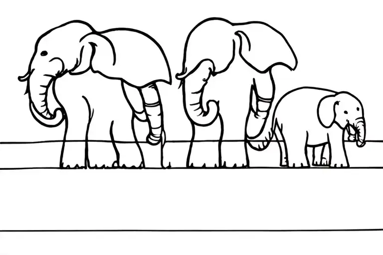 a line of elephants holding eachothers tails, and one elephant sitting behind the line, two big ones, three small ones tattoo design idea