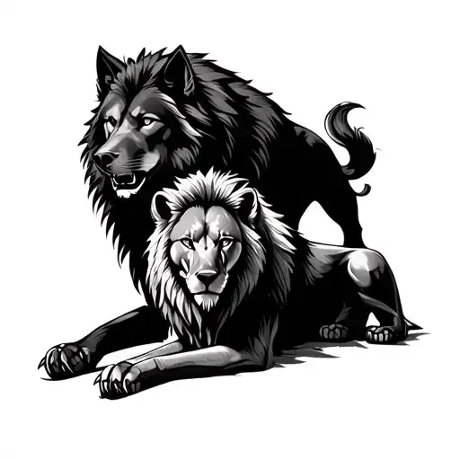 A black wolf with big claws next to a lion resting and ready to fight. Lion above. Pine wolf looking forward. tattoo design idea