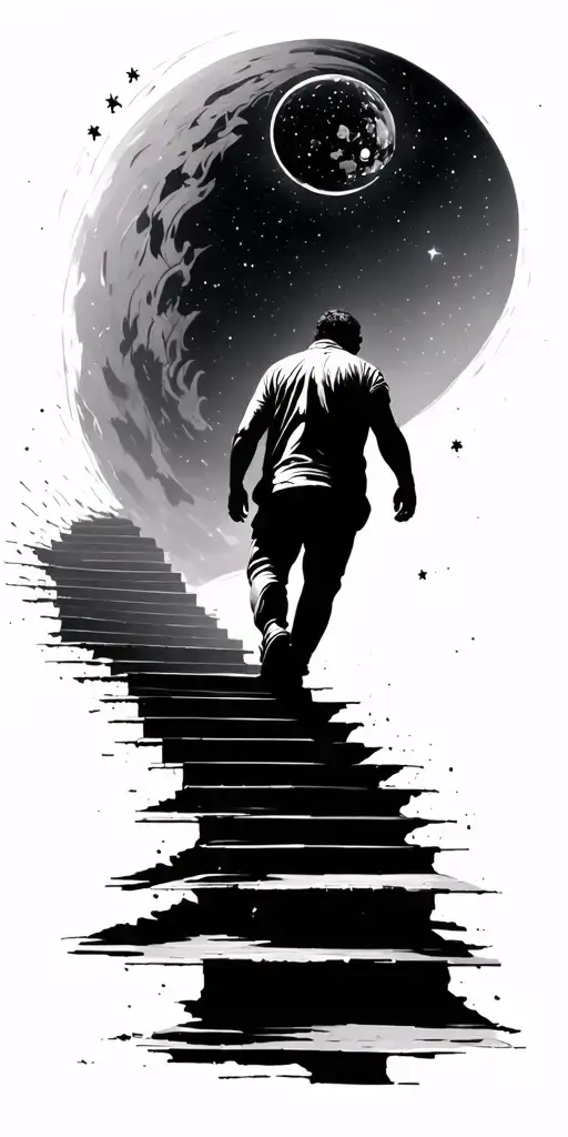man walking up on stairs through space to heaven tattoo design idea