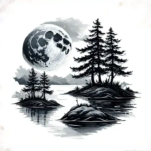 moon, river, sea, fir trees growing tattoo design idea