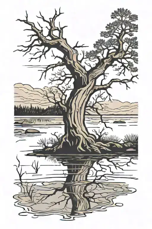 A medium sized tree with mostly bare branches emerges from a crystal clear, smooth lake.  In the background to it's left tattoo design idea